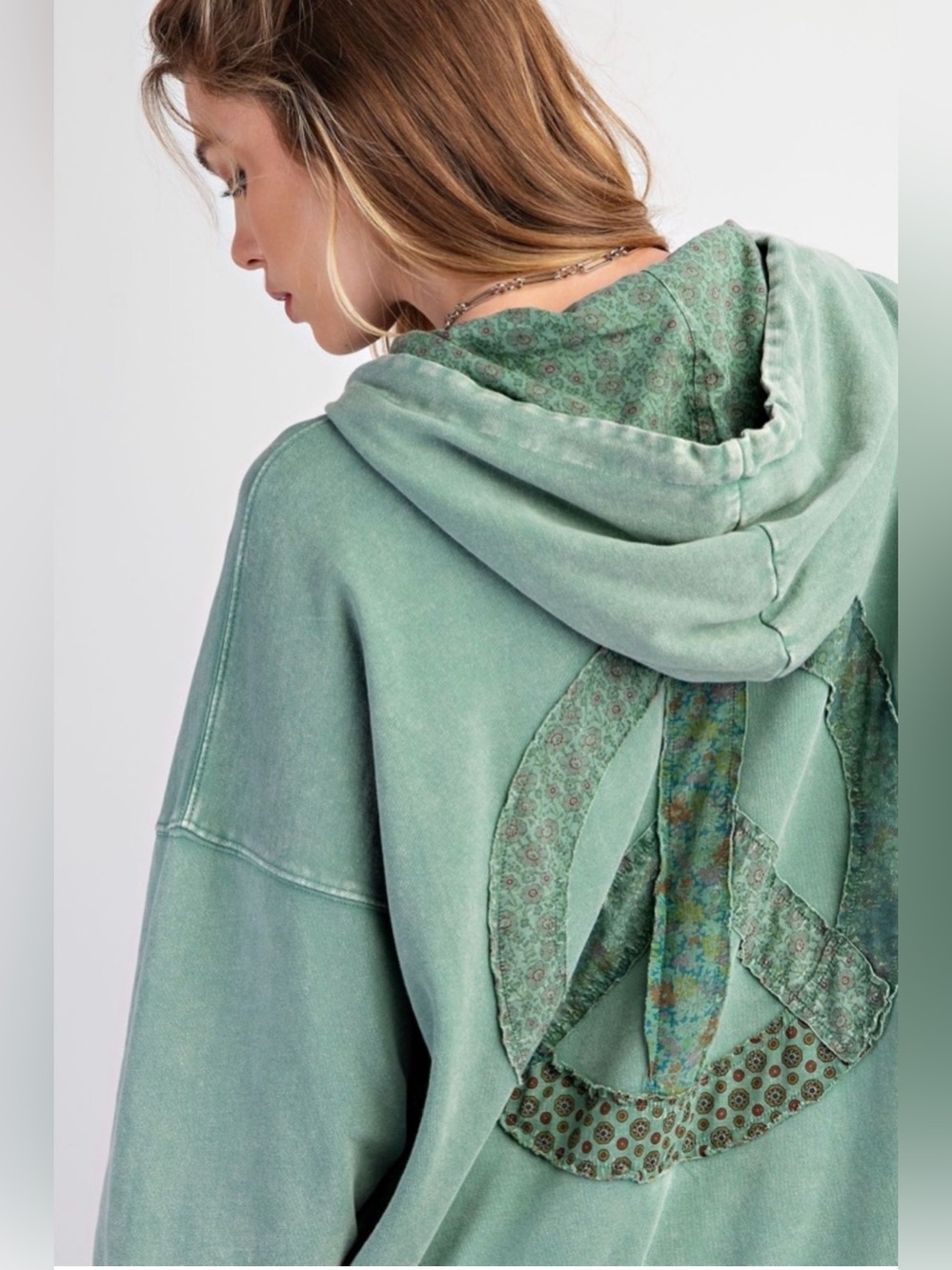 Easel Washed Sage Green Hoodie with Peace Appliqué